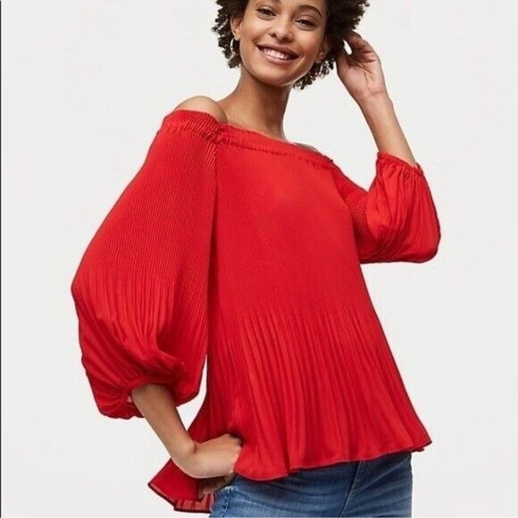 Loft Red Off the Shoulder Pleated Blouse Women’s Size Small - Picture 1 of 9